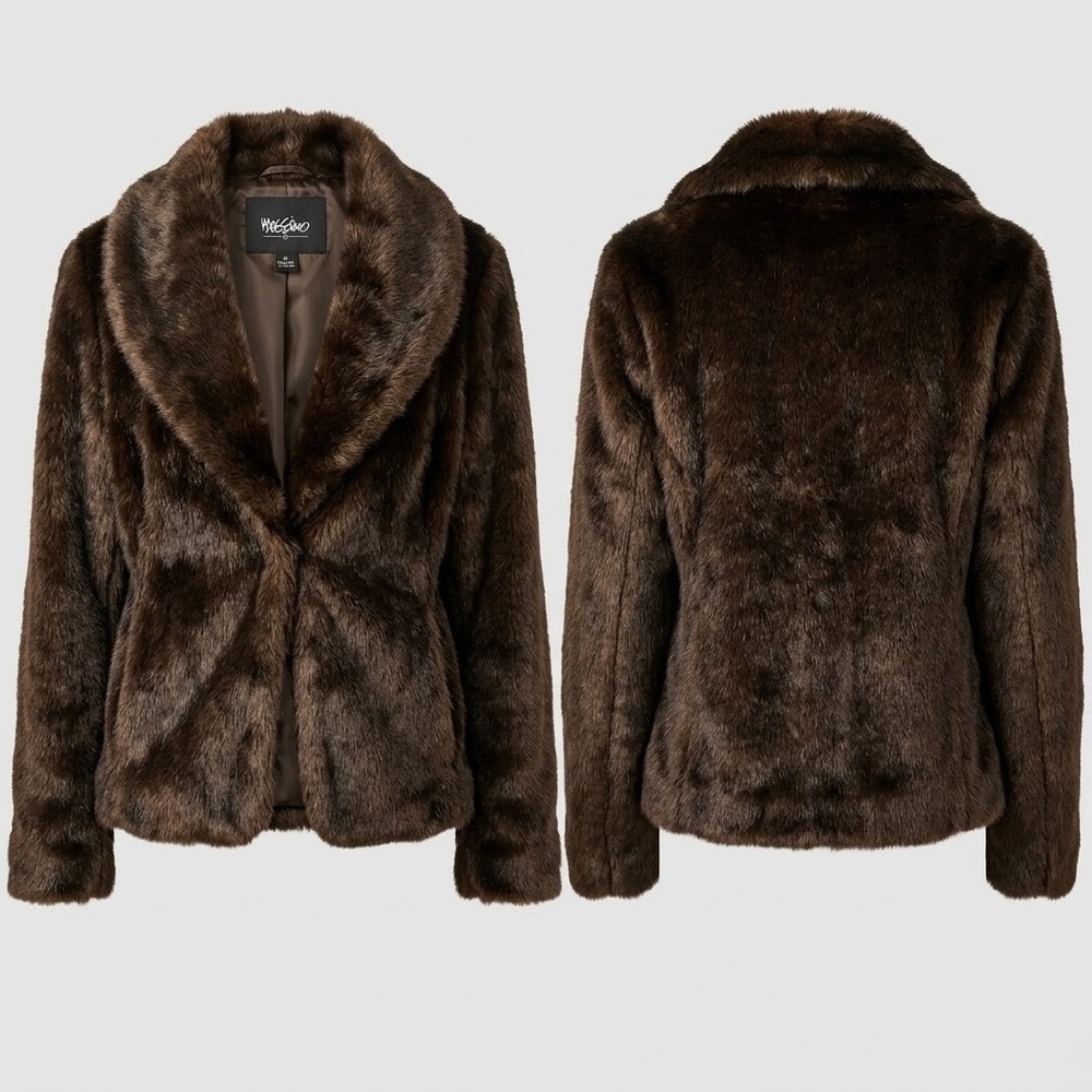 Mossimo Womens Faux Fur Jacket Brown Shawl Collar Open Front Sz Med Y2K Mob Wife